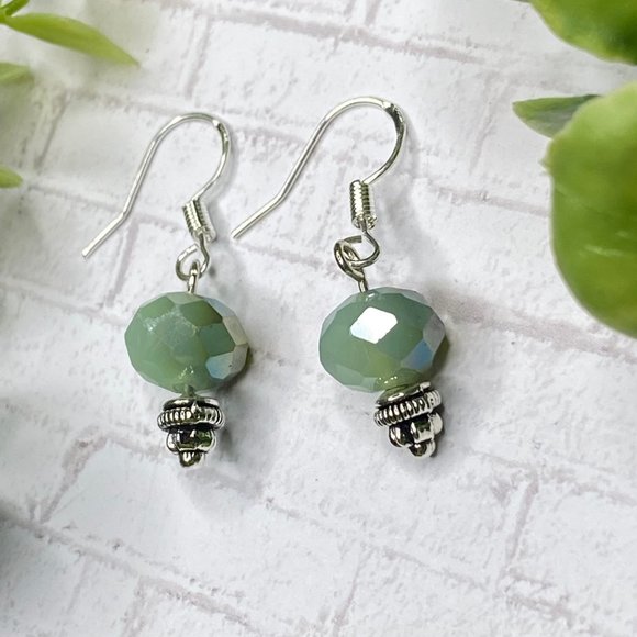 Green Earrings - Faceted Glass with Iridescence - Picture 3 of 3